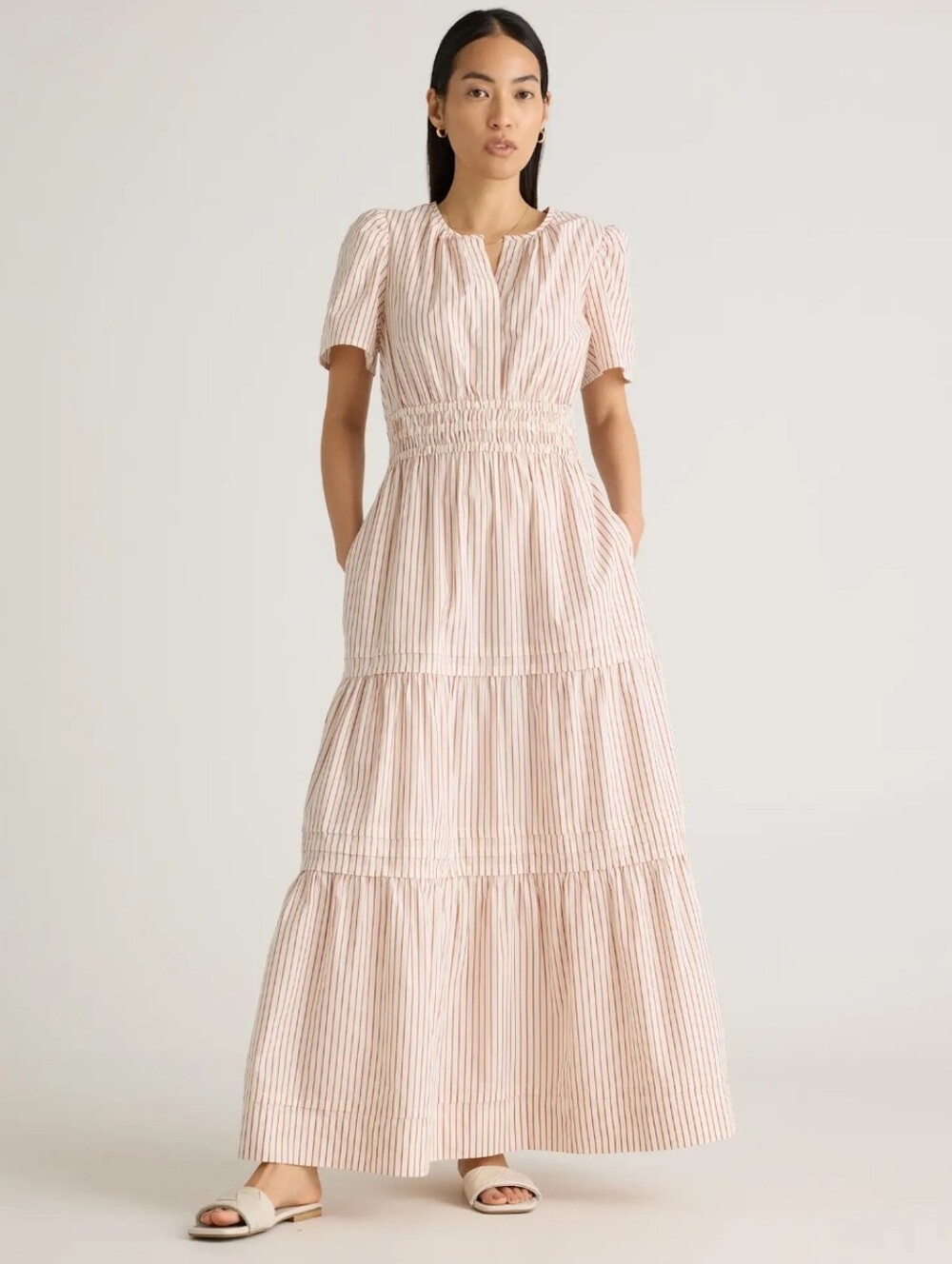 Quince Terracota Stripe 100% Organic Cotton Poplin Tiered Striped Maxi Dress L